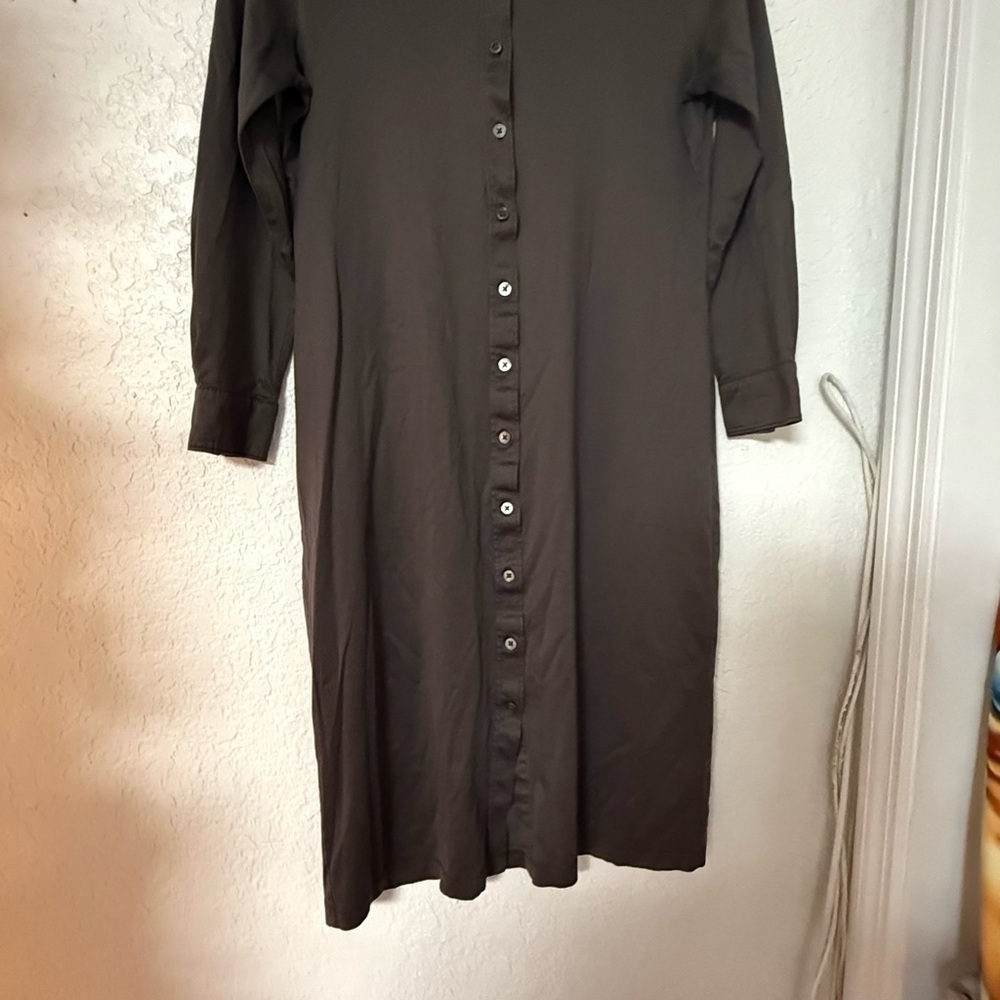 Calvin Klein Long Sleeve Cotton Button-Down Shirt Dress - Espresso Brown - Picture 11 of 12